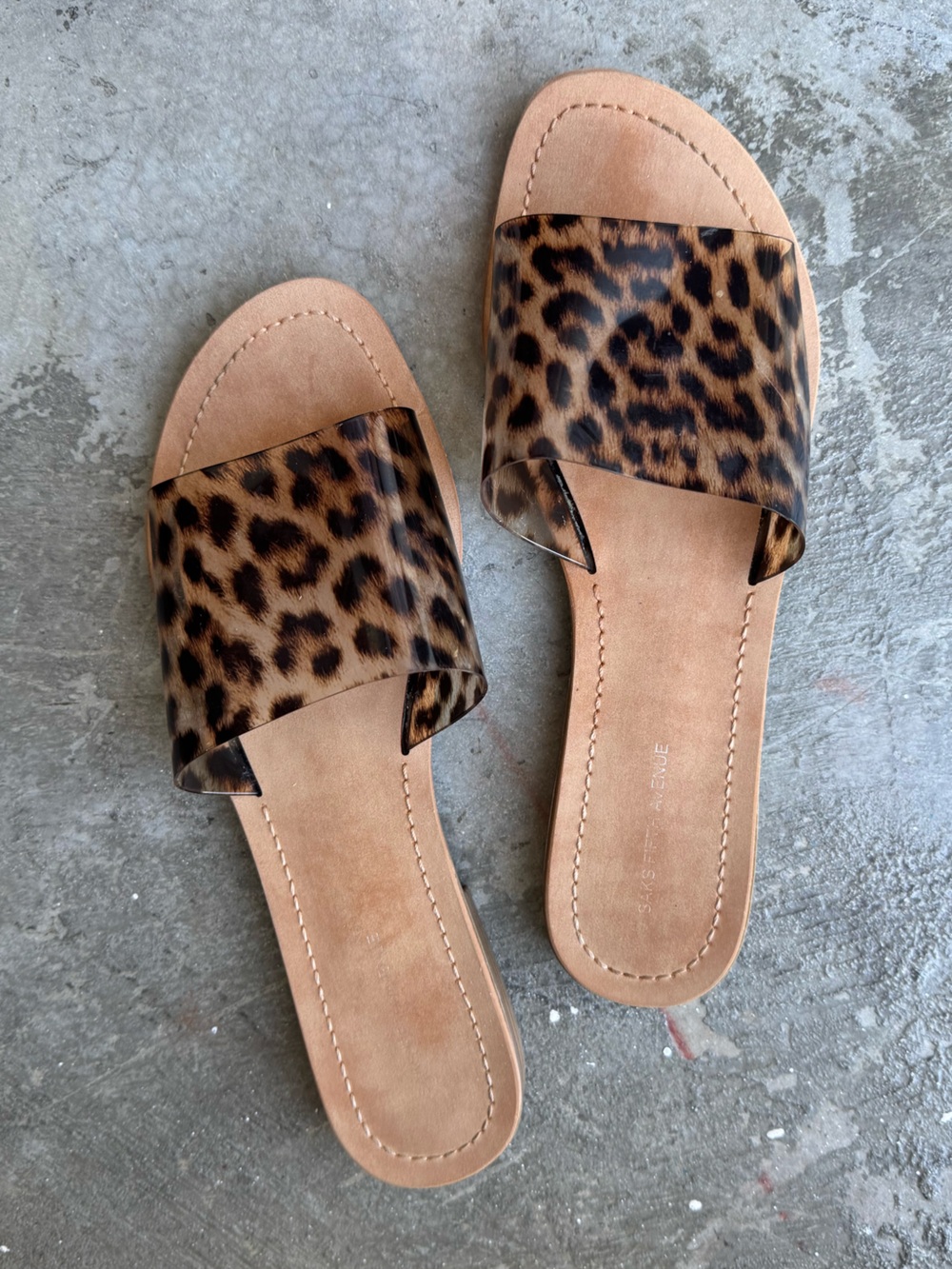 Saks Fifth Avenue Leopard-Print Slide Sandals in Tan and Brown